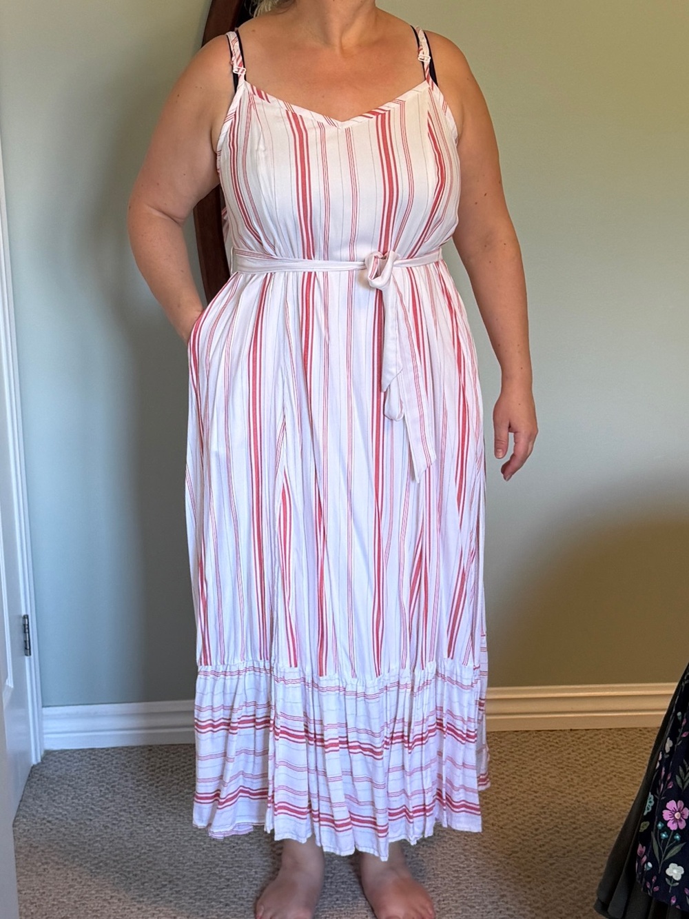 Torrid White and Red Striped Midi Dress with Tie Waist - Picture 1 of 12